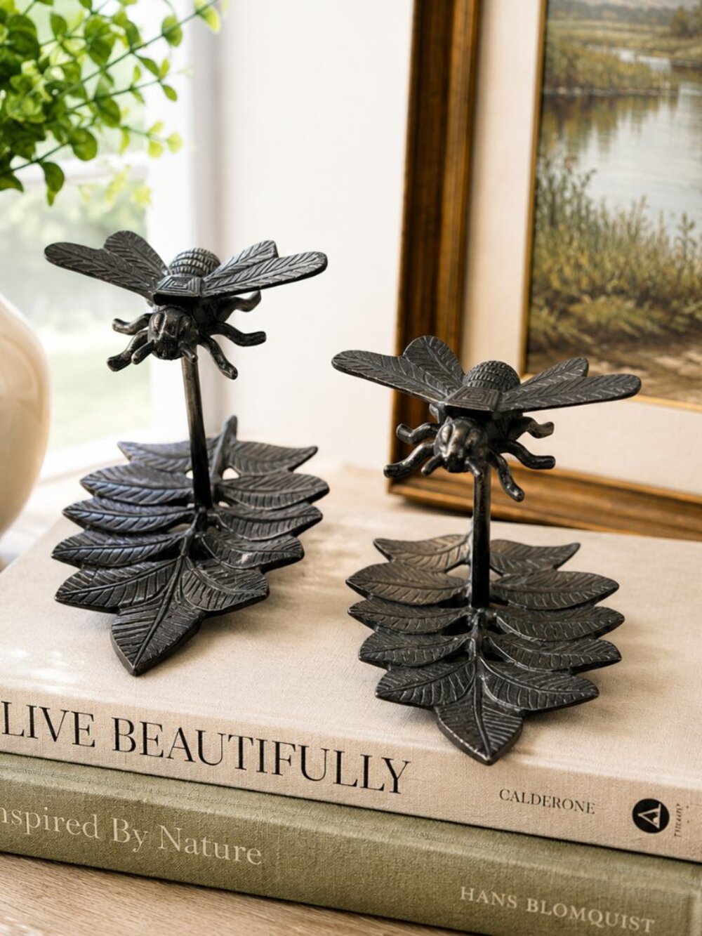 VTG Cast Iron Dragonfly Wall Hooks (2) Leaf Wall Decor Rustic Black Metal India